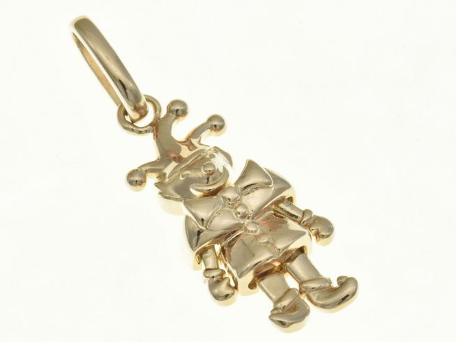 Clown beweglicher Anhänger aus Sterling Silber, rosegold vergoldet, hergestellt von Juwelier Harnisch, detailreich gestaltet mit charakteristischen Merkmalen eines Clowns.