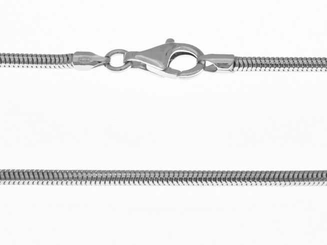 Silberkette aus Sterling Silber rhodiniert, Schlangenkette, 3 x 3 mm, 45 cm lang, mit praktischem Karabinerverschluss, Hersteller Juwelier Harnisch.