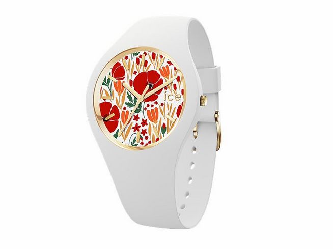 Die Ice-Watch ICE flower Poppy fields Small 020512 zeigt ein fröhliches, buntes Ziffernblatt mit Blumenmotiven in Rot und Orange auf einem weißen Armband.