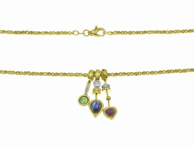 Kette aus 585 Gelbgold und Weißgold mit Anhängern aus Rubin, Saphir, Smaragd und Zirkonia im Dreifaltigkeitsdesign, Länge 42 cm, Hersteller Juwelier Harnisch.