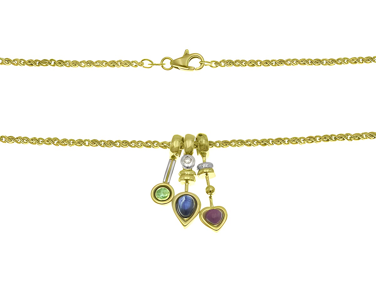Kette aus 585 Gelbgold und Weißgold mit Anhängern aus Rubin, Saphir, Smaragd und Zirkonia im Dreifaltigkeitsdesign, Länge 42 cm, Hersteller Juwelier Harnisch.
