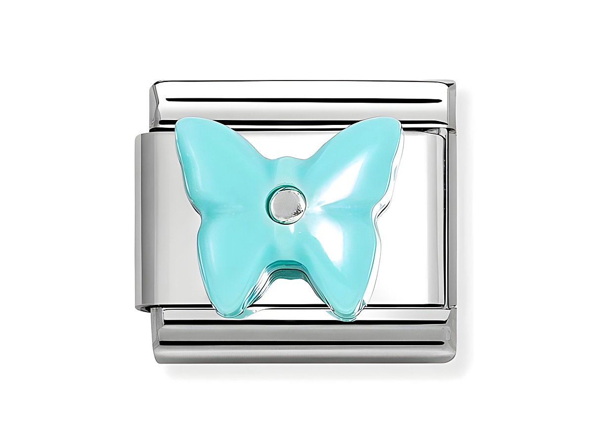 Schmetterling aus türkisem Harz mit Zirkonia in der Mitte, präsentiert auf einem silbernen Classic Motivteil von Nomination Silvershine, ideal für persönliche Schmuckkreationen.
