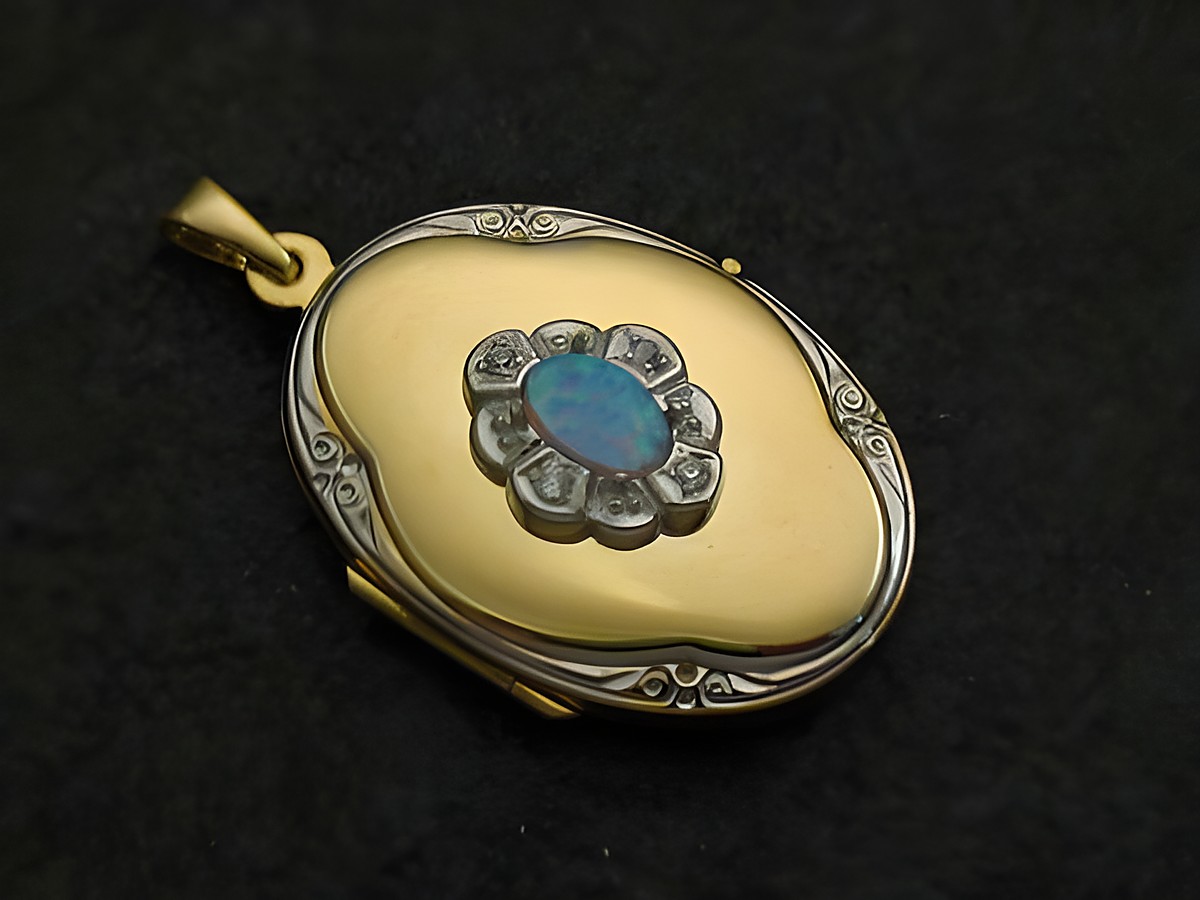 Opal syn. hellblau Medaillon Cabochon Gold 333 bicolor, Hersteller Juwelier Harnisch, mit eleganter Blütenfassung und funkelnden Steinen, stilvolle Schmuckstück für besondere Anlässe.