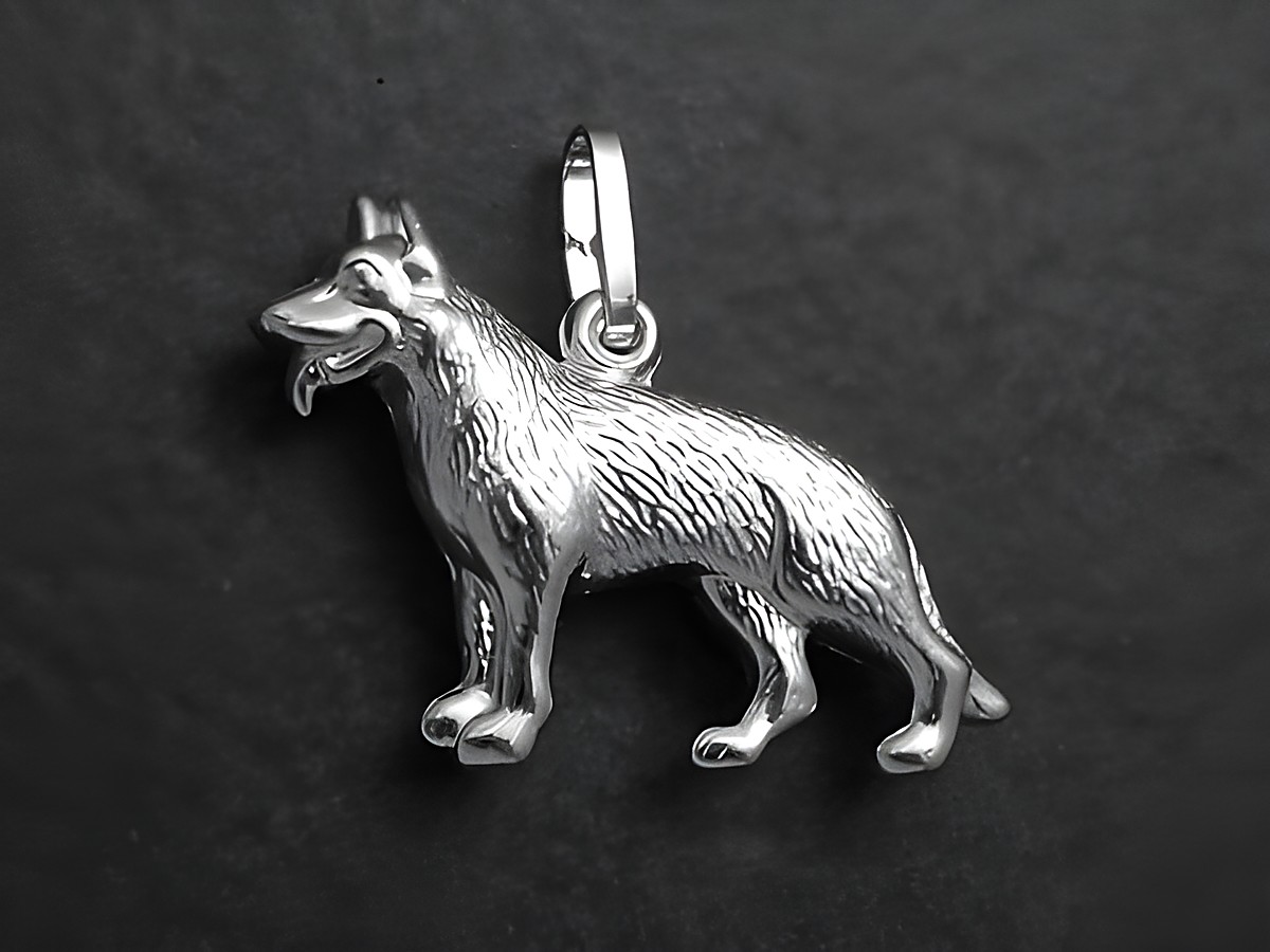 Schäferhund Sterling Silber Anhänger poliert tierisch von Hersteller Juwelier Harnisch, detailreiche Darstellung eines stehenden Schäferhundes in hochwertigem Silber.
