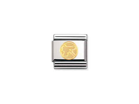 Ein elegantes Charm von Nomination mit dem Motiv eines goldenen Friedenssymbols auf einem silbernen Hintergrund, das für Frieden und Liebe steht, Modell Classic No War Zeichen 030148 05.