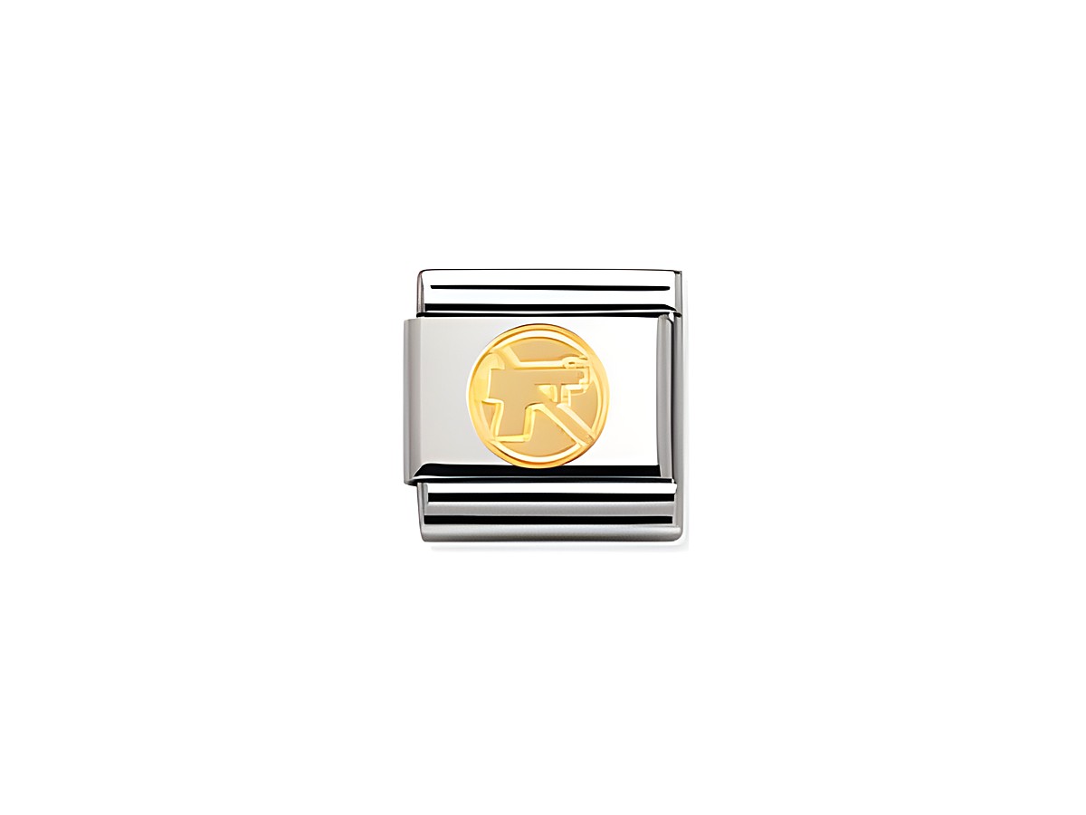 Ein elegantes Charm von Nomination mit dem Motiv eines goldenen Friedenssymbols auf einem silbernen Hintergrund, das für Frieden und Liebe steht, Modell Classic No War Zeichen 030148 05.