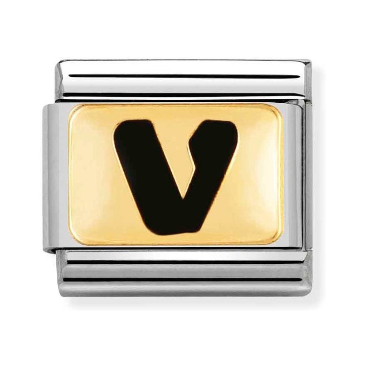 Nomination Composable Classic Charm Buchstabe V schwarz - Edelstahl, Gold 750 Gelbgold, Emaille