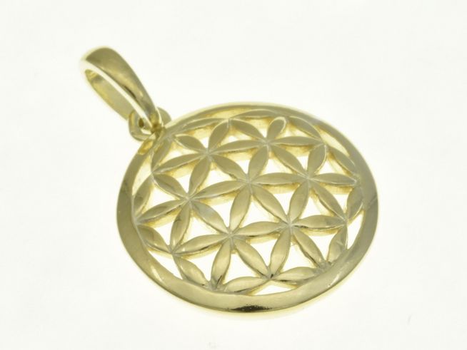 Rundanhänger mit Blumenmuster aus Sterling Silber, gelbgoldvergoldet, hergestellt von Juwelier Harnisch, zeigt ein filigranes Design mit diversen Motiven.