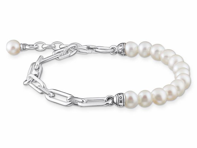 Sterling Silber Armband von Thomas Sabo mit geschwungenem Design, Süßwasserzuchtperlen und weißen Zirkonia, Länge 19 cm, elegantes Schmuckstück mit Verzierung.