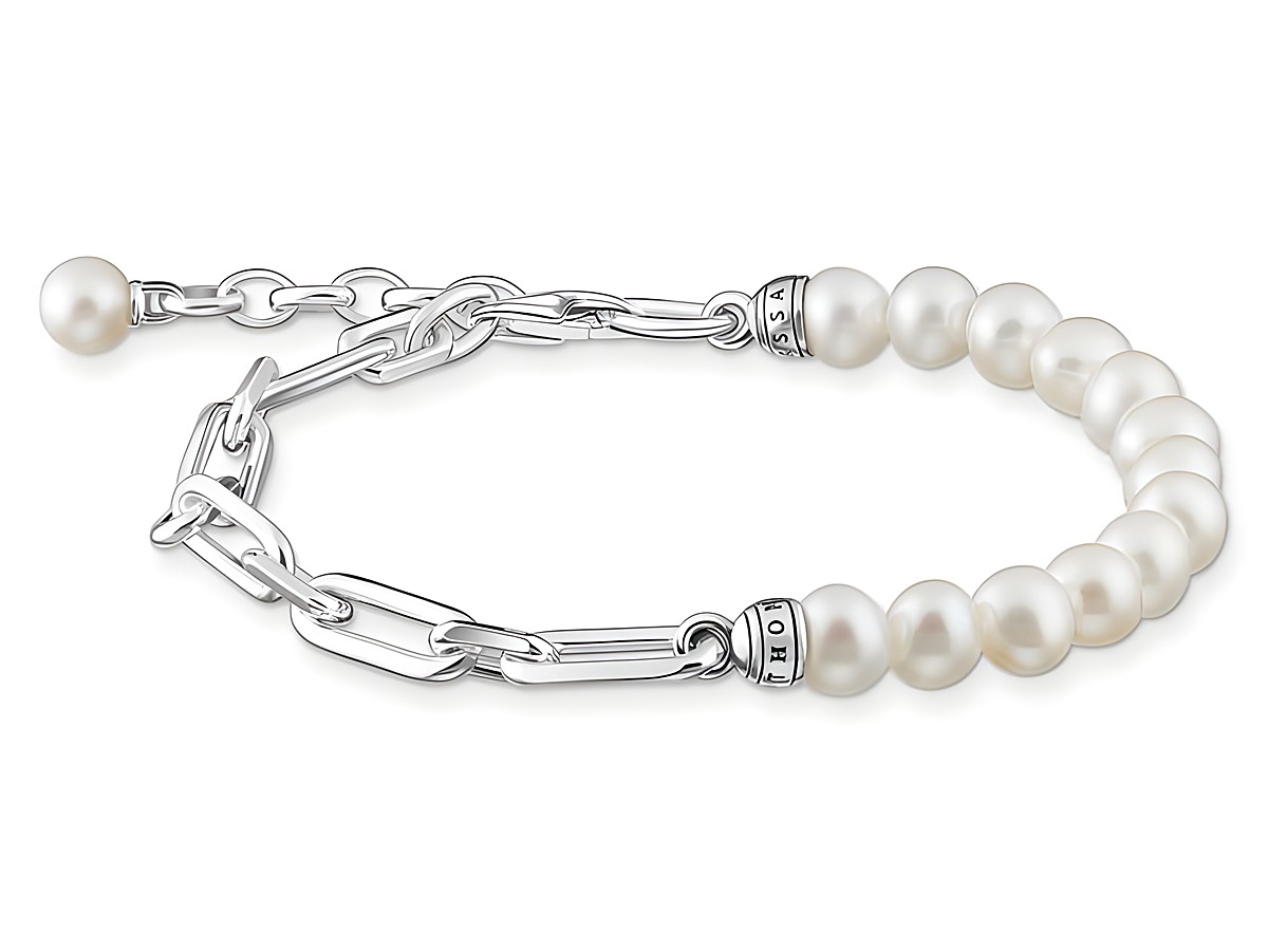 Sterling Silber Armband von Thomas Sabo mit geschwungenem Design, Süßwasserzuchtperlen und weißen Zirkonia, Länge 19 cm, elegantes Schmuckstück mit Verzierung.