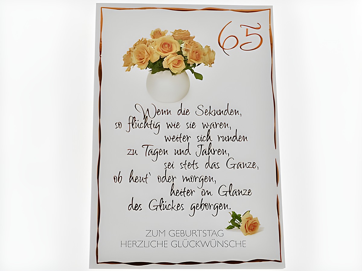 Geburtstagskarte mit einem Rosenstrauß in einer weißen Vase und der Aufschrift 65 sowie einem poetischen Text zum Geburtstag, Hersteller Juwelier Harnisch, Geburtstagskarten.