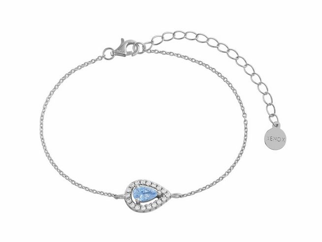 Xenox Sterling Silber Armband XS6079 mit fancy cut Karreekette in 15-20 cm Länge, ausgestattet mit einem blauen Stein im Tropfendesign und funkelnden Zirkonia.