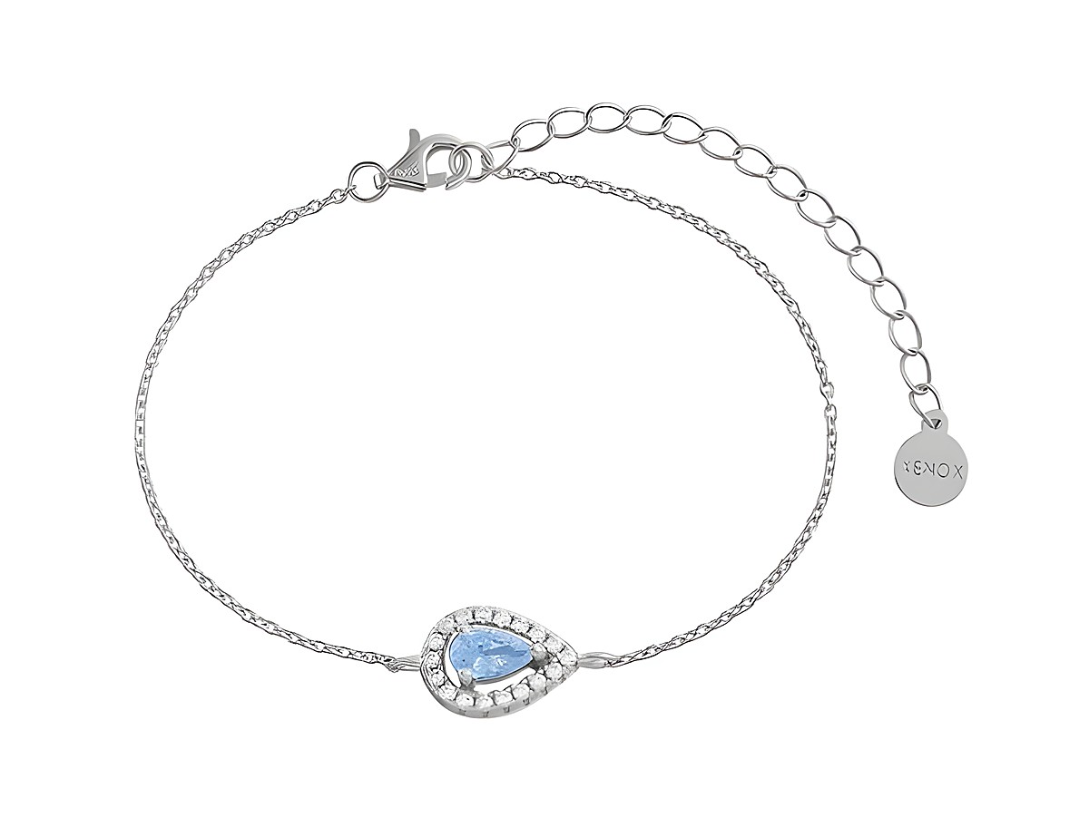 Xenox Sterling Silber Armband XS6079 mit fancy cut Karreekette in 15-20 cm Länge, ausgestattet mit einem blauen Stein im Tropfendesign und funkelnden Zirkonia.