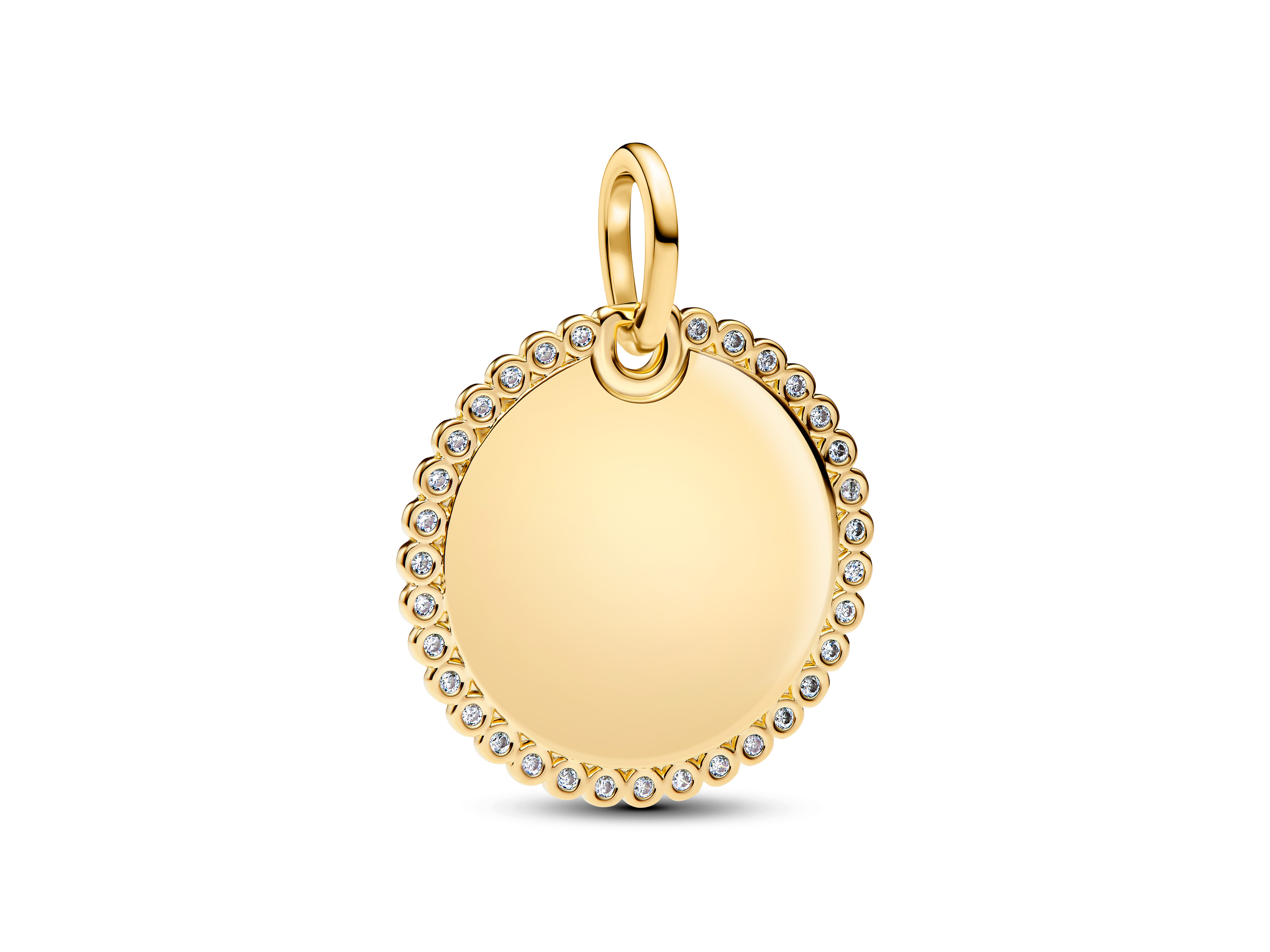 Runder Anhänger aus Gelbgold Vergoldung von Pandora mit Zirkonia, elegant und schlicht gestaltet, ideal zum Personalisieren oder als persönliches Geschenk.