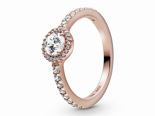 Ein eleganter Ring von Pandora mit klassischem funkelndem Strahlenkranz in Roségold Vergoldung, besetzt mit Zirkonia, Größe 60/19, ideal für besondere Anlässe.