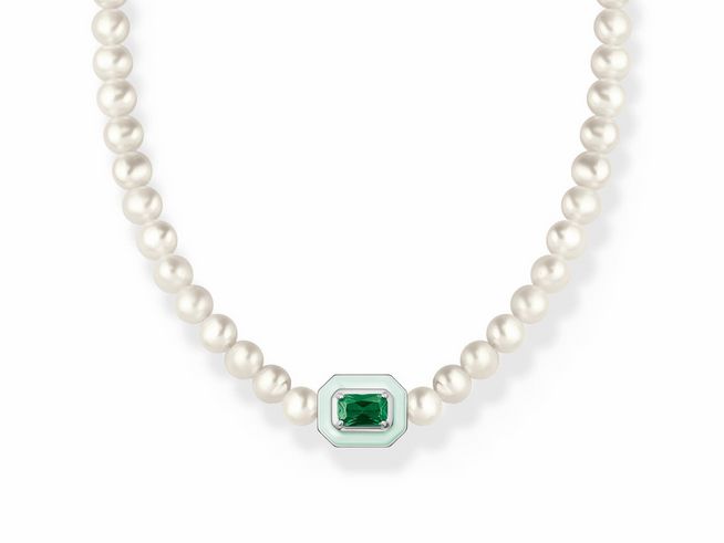 Choker aus Silber mit Süßwasserzuchtperlen und einem grünen Oktagon, geeignet für einen Halsumfang von 34 bis 42 cm, von Thomas Sabo, Modell KE2183-082-6-L42v.