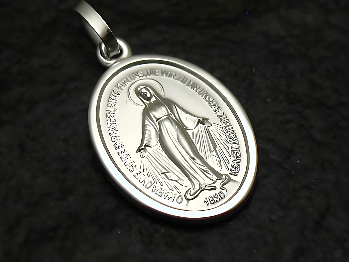 Der Milagrosa Herzen Heilige Maria Sterling Silber Anhänger zeigt ein detailliertes Relief der Heiligen Maria, umgeben von einem schlichten ovalen Rand, hergestellt von Juwelier Harnisch.