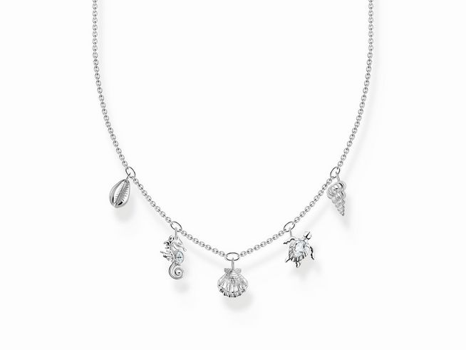 Thomas Sabo Kette KE2157-051-14-L45V aus Sterling Silber mit maritimem Design, verziert mit Zirkonia und Anhängern in Form von Meerestieren und Muscheln, 45 cm verstellbar.