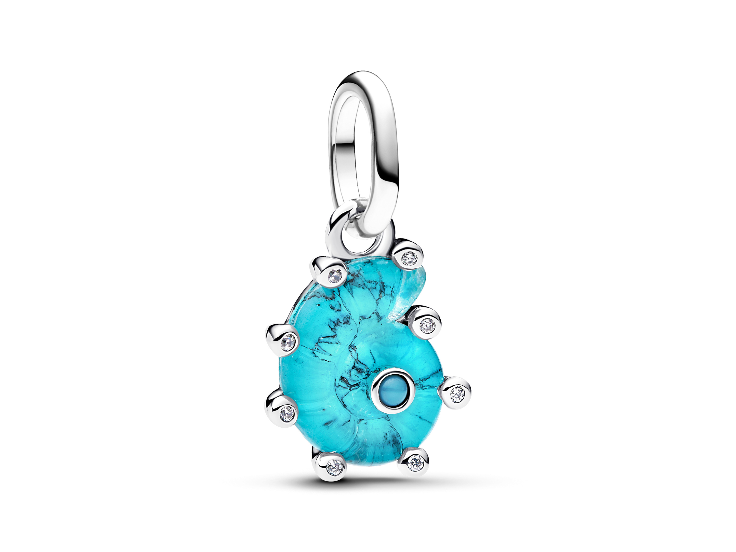 Blauer Muranoglas Meeresschnecken-Anhänger von Pandora, gefertigt aus Sterling Silber, verziert mit funkelnden Steinchen, ideal für elegante Schmuckstücke. Neuheiten im Sortiment.