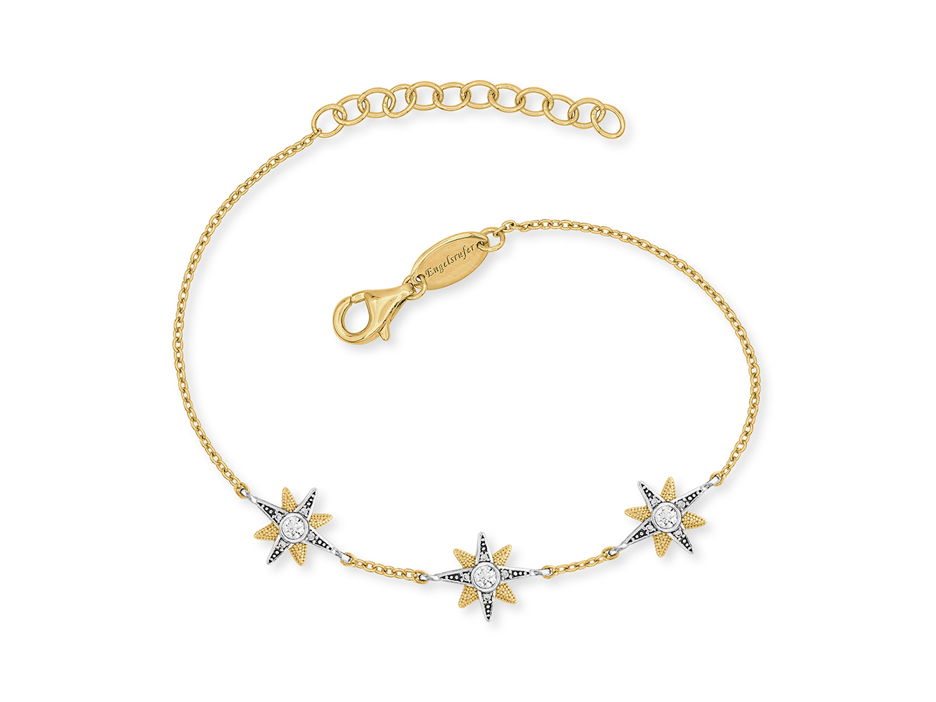 Armband New Star Bicolor mit Zirkonia von Engelsrufer in Gelbgold Vergoldung auf Silber, indem drei funkelnde Sternanhänger angeordnet sind, Länge 17 cm, mit Karabinerverschluss.