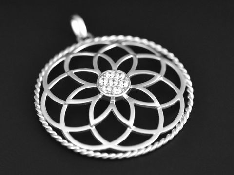 Imposanter Blumen Blüte Silber Anhänger, rhodiniert mit Zirkonia, gefertigt von Juwelier Harnisch, ideal für Pflanzenliebhaber und Schmuckenthusiasten.