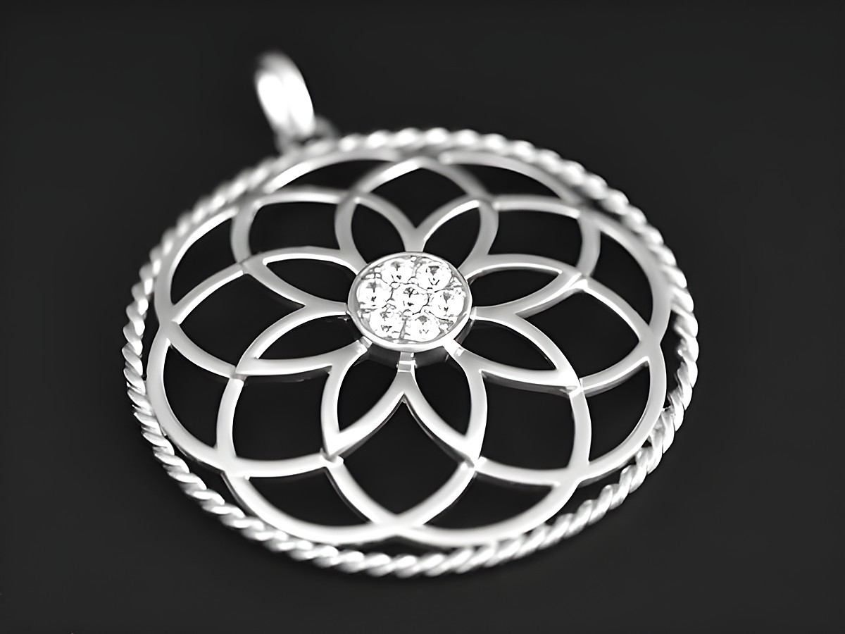 Imposanter Blumen Blüte Silber Anhänger, rhodiniert mit Zirkonia, gefertigt von Juwelier Harnisch, ideal für Pflanzenliebhaber und Schmuckenthusiasten.