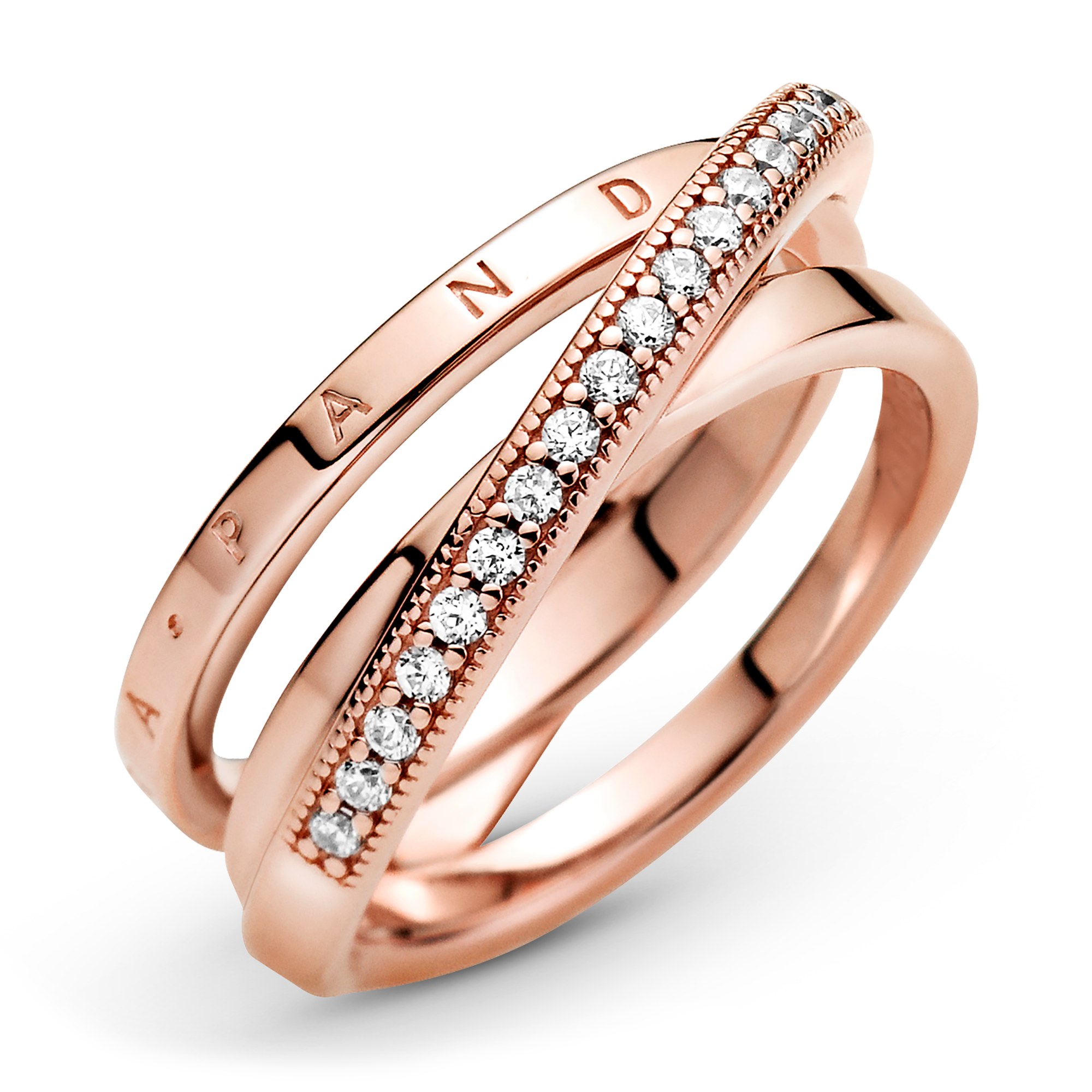Pandora Ring - Crossover Pavé Triple Band - Silber - Roségold – Ansicht 2