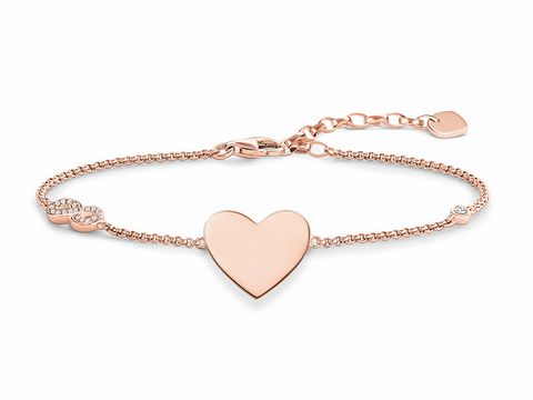 Silber vergoldetes Roségold Armband von Thomas Sabo mit Herz und Infinity-Symbol, besetzt mit Zirkonia, verstellbar von 16,5 bis 19,5 cm für persönliche Gravuren.