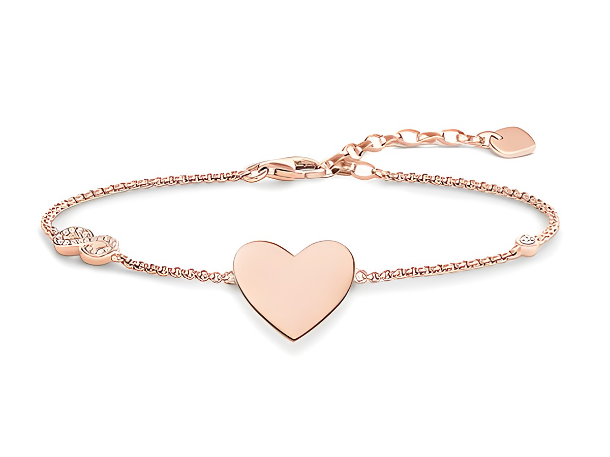 Silber vergoldetes Roségold Armband von Thomas Sabo mit Herz und Infinity-Symbol, besetzt mit Zirkonia, verstellbar von 16,5 bis 19,5 cm für persönliche Gravuren.