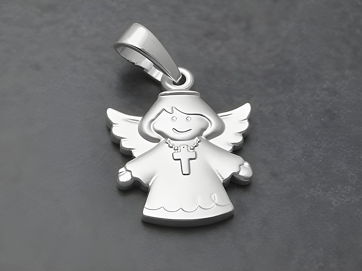 Engel mit Kreuz aus Sterling Silber, feine Details und verspielte Darstellung, gefertigt von Juwelier Harnisch, ideal als Schmuckstück oder Geschenk.
