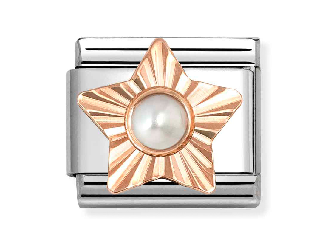 Classic Roségold charm in Form eines Sterns mit einer Perle in der Mitte, elegantes Design, kombiniert mit glänzendem Silber. Ideal für Armbänder, Hersteller Pandora, Neuheiten.