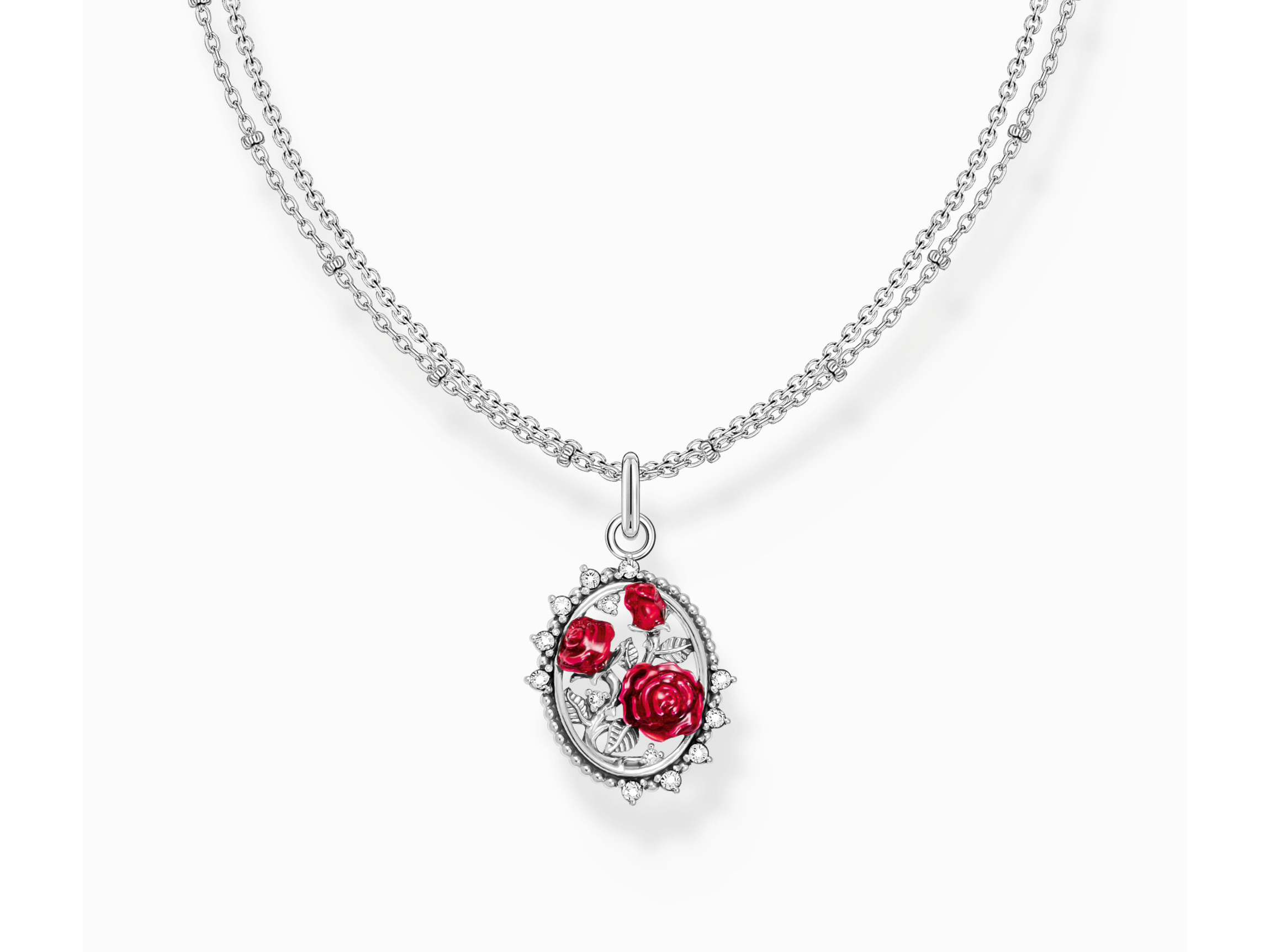 Zarte Thomas Sabo Kette mit rotem Emaille-Anhänger in Form von Rosen, umgeben von Zirkonia, in Silber geschmiedet, Länge 40 bis 45 cm. Ideal für romantische Anlässe.