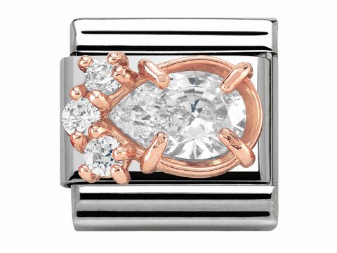 Klassisches Roségold-Element von Nomination mit einem weißen Tropfen-Zirkonia und funkelnden Steinen, ideal für modische Armbänder und Schmuckdesigns.