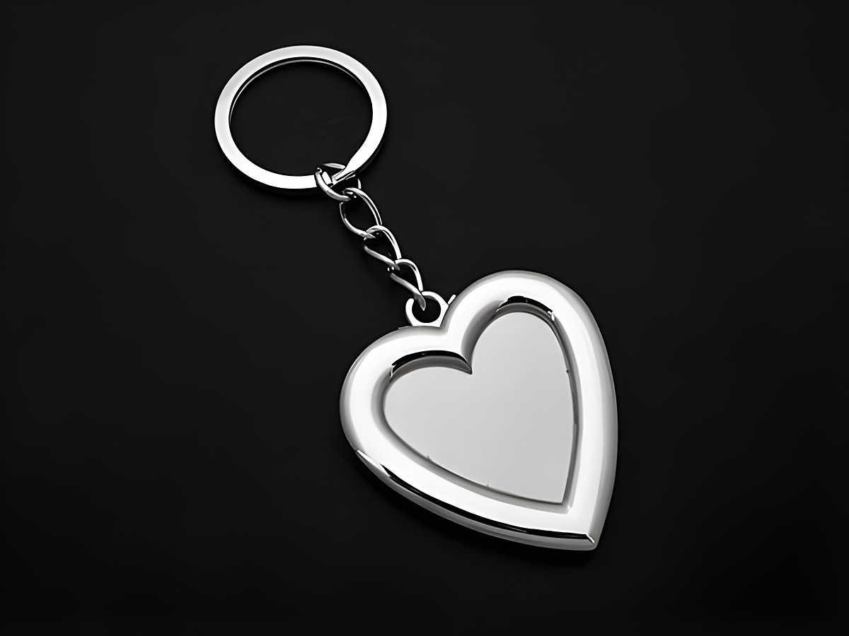 Silberfarbener Schlüsselanhänger in Form eines Herzens mit Fotorahmen, Länge 10,5 cm, hergestellt von Juwelier Harnisch. Ideal als persönliches Geschenk oder dekoratives Accessoire.