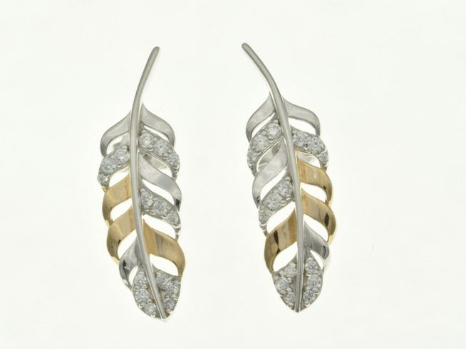 Feder Ohrstecker aus rhodiniertem Sterling Silber in Bicolor mit vergoldeten Elementen und Zirkonia, Hersteller Juwelier Harnisch, in Roségold auf Silber.
