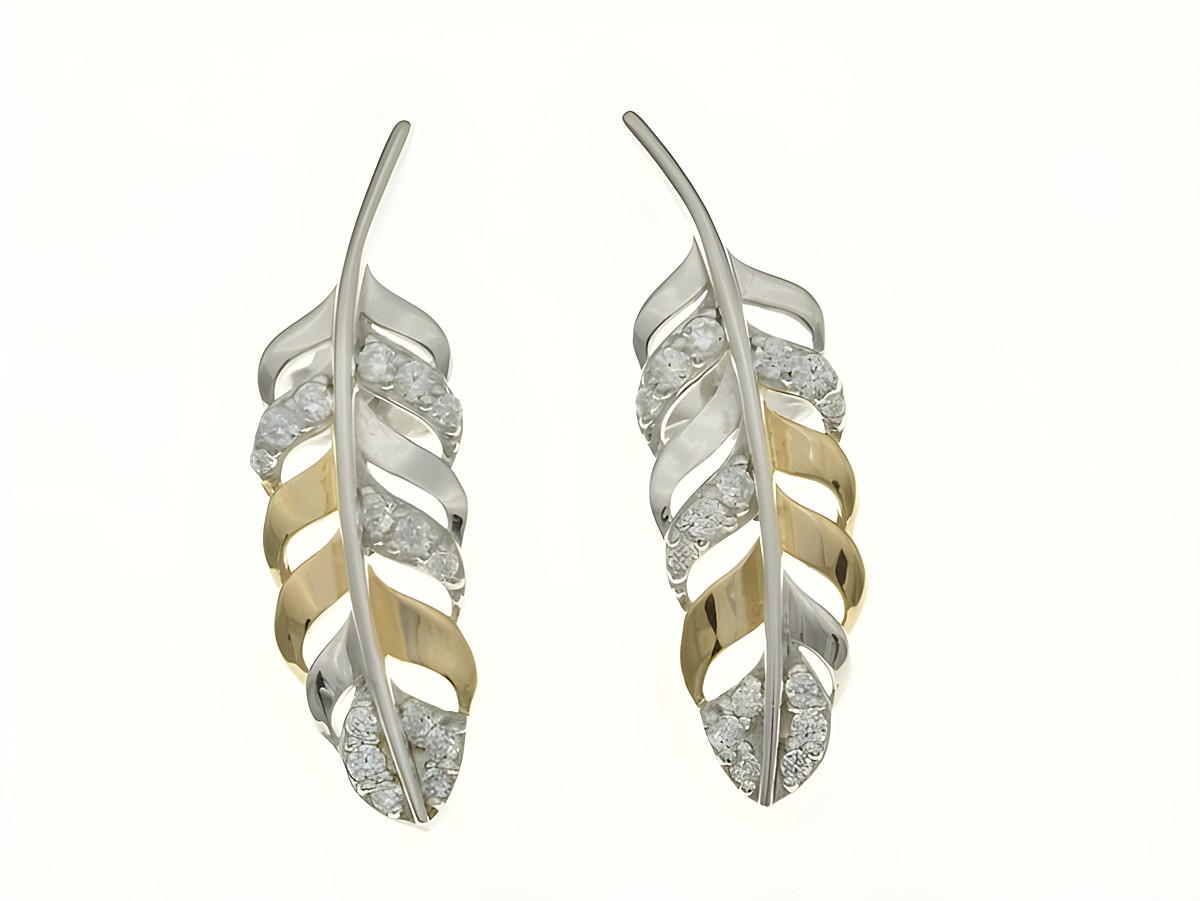 Feder Ohrstecker aus rhodiniertem Sterling Silber in Bicolor mit vergoldeten Elementen und Zirkonia, Hersteller Juwelier Harnisch, in Roségold auf Silber.