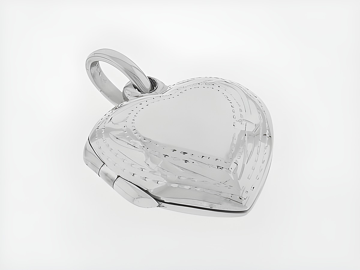 Silber Medaillon in Herzform aus Sterling Silber mit filigranem Rand, Hersteller Juwelier Harnisch, elegantes Design für besondere Anlässe.