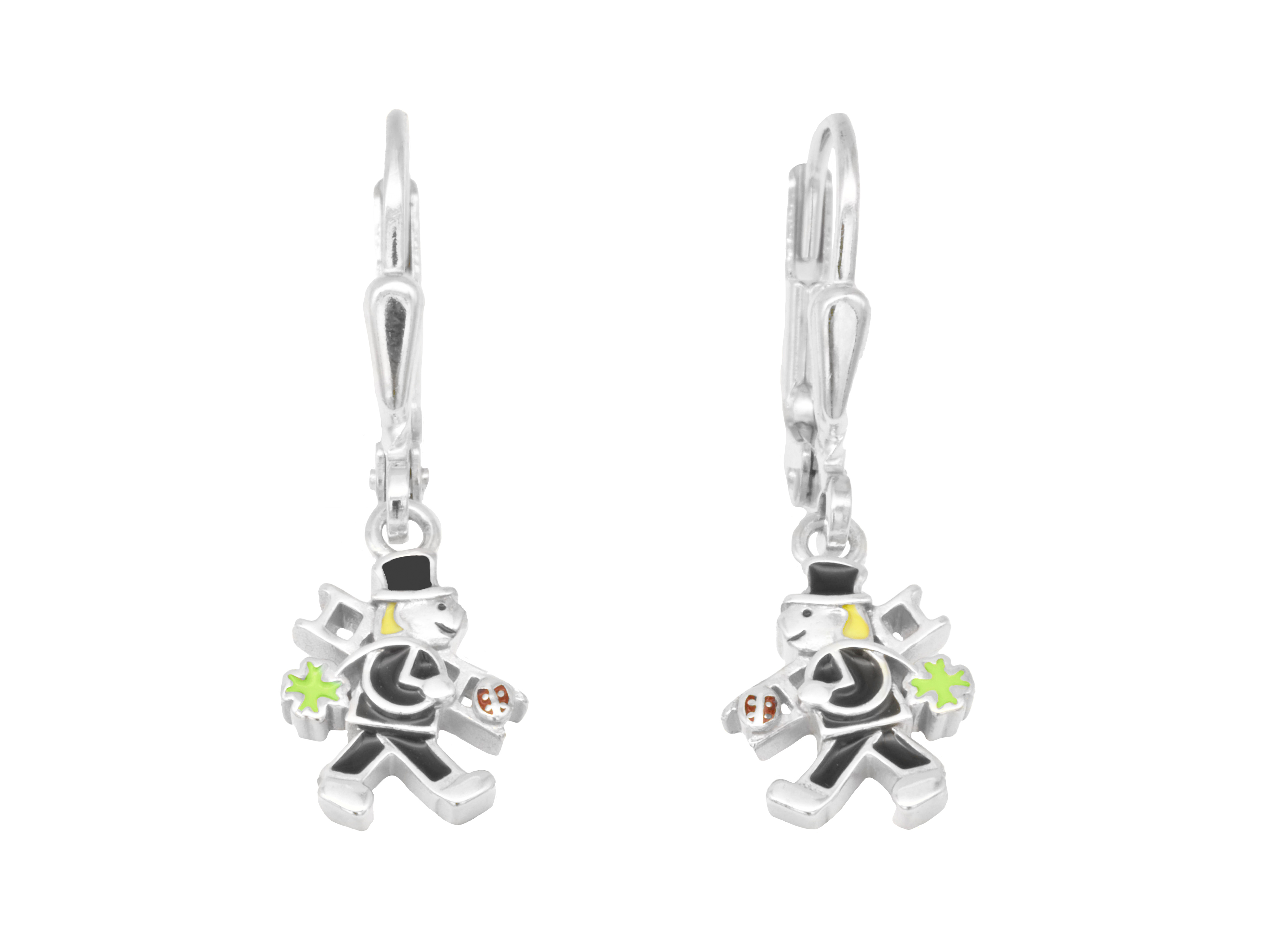 Silber Ohrringe Ohrhänger mit einem Schornsteinfeger aus Sterling Silber, rhodiniert und poliert, für Kinder geeignet, von Juwelier Harnisch.