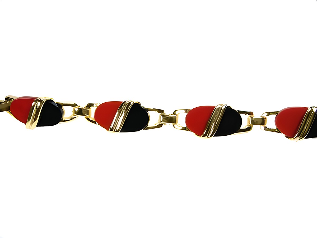 Gold auf Silber Armband 19cm x 11mm mit Karneol und Onyx, vergoldet, von Juwelier Harnisch, zeigt abwechselnd rote und schwarze Elemente, elegant und stilvoll.