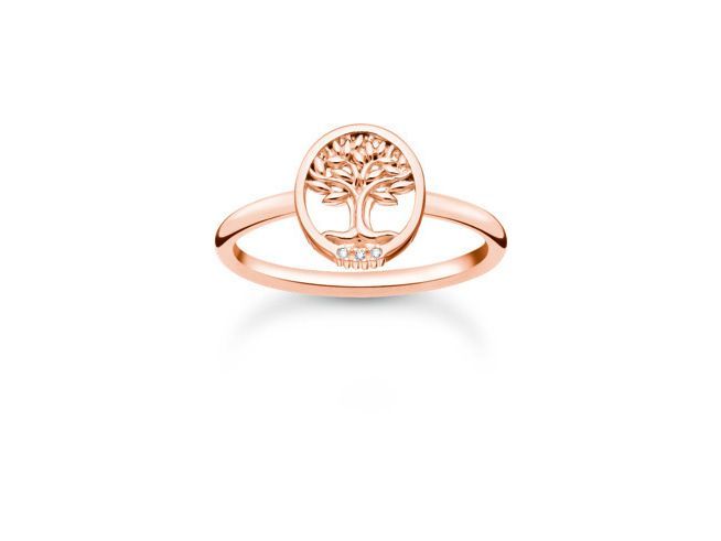 Thomas Sabo Charming Lebensbaum Ring aus Sterling Silber in vergoldetem Roségold mit einem filigranen Lebensbaum-Motiv und weißen Zirkonia, Größe 60.