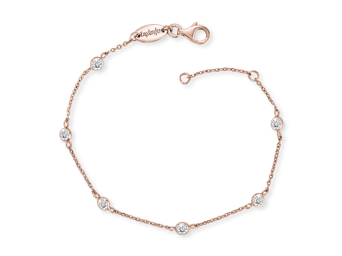 Ein zartes Armband aus roségoldvergoldetem Silber mit funkelnden Zirkonia-Steinen, bestehend aus einer feinen Kette und einem sicheren Verschluss, ideal für elegante Looks.