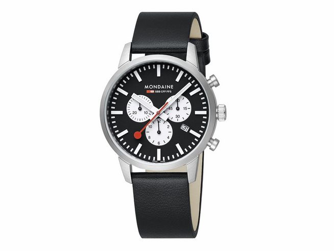 Mondaine Neo MSD.41420.LBV Uhr aus Edelstahl mit mattierter Oberfläche, 41 mm Durchmesser, 5 ATM wasserdicht, Chronograph mit Datum, schwarzes Ziffernblatt und Lederarmband.