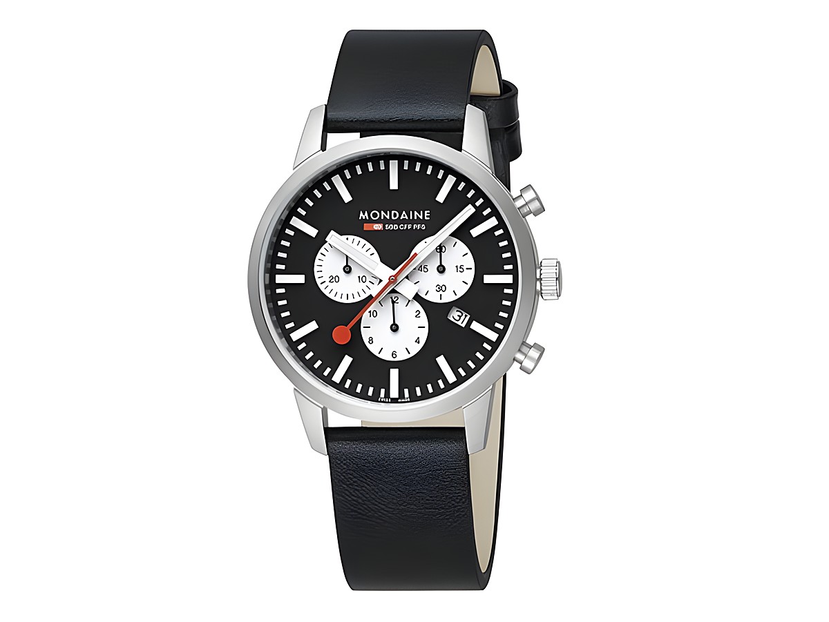 Mondaine Neo MSD.41420.LBV Uhr aus Edelstahl mit mattierter Oberfläche, 41 mm Durchmesser, 5 ATM wasserdicht, Chronograph mit Datum, schwarzes Ziffernblatt und Lederarmband.