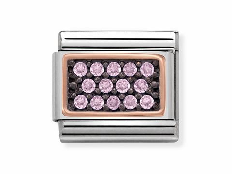 Rechteckige Charm von Nomination mit rosa Steinen, Teil der Composable Classic Kollektion, schlichte Edelstahl-Optik, ideal für personalisierte Armbänder.