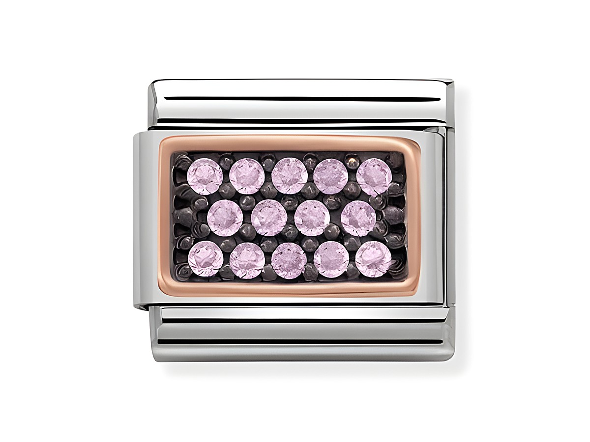 Rechteckige Charm von Nomination mit rosa Steinen, Teil der Composable Classic Kollektion, schlichte Edelstahl-Optik, ideal für personalisierte Armbänder.