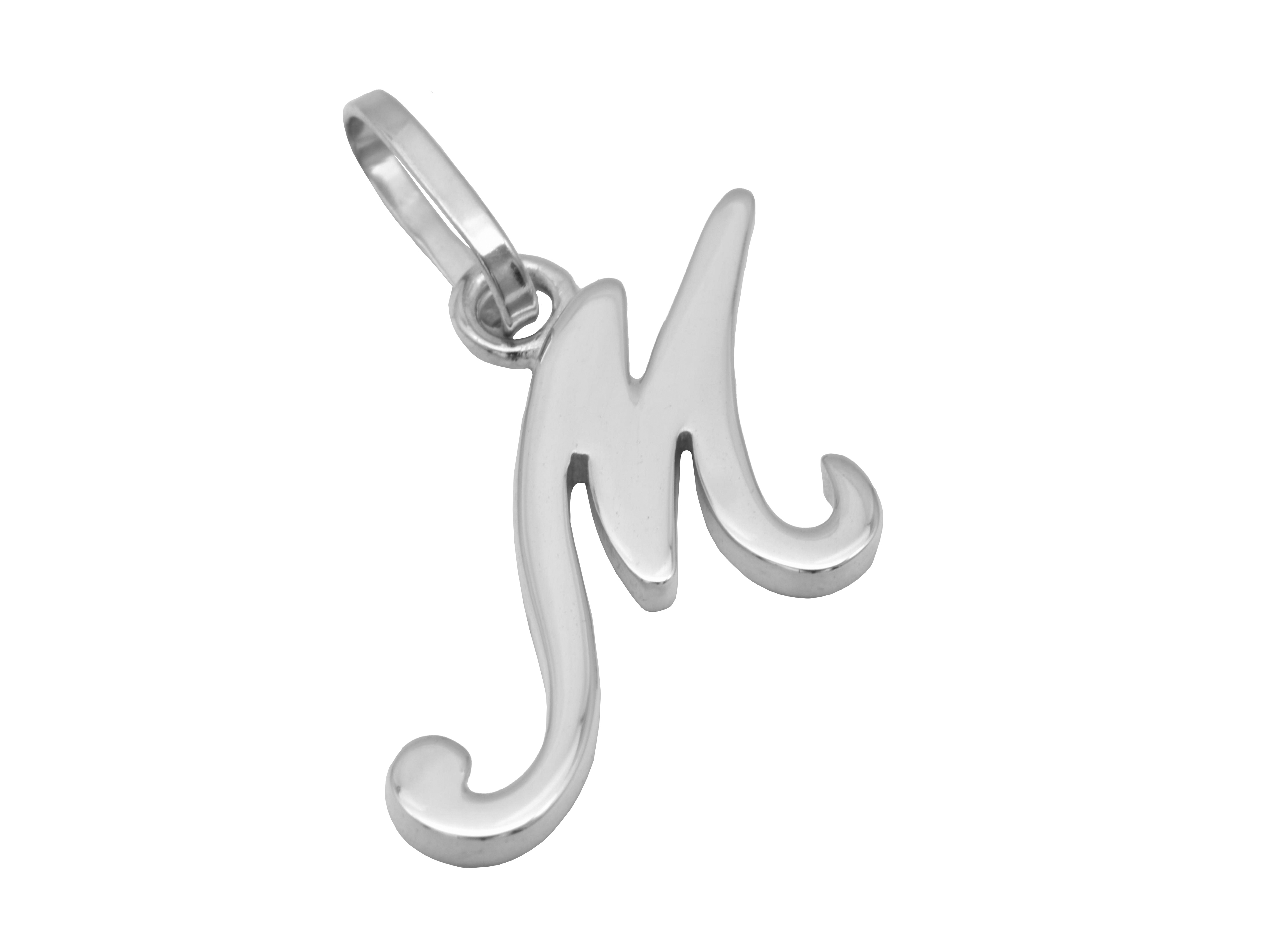 Buchstaben Anhänger M aus rhodiniertem Sterling Silber, poliert von Juwelier Harnisch, elegant und stilvoll gestaltet, ideal als persönliches Schmuckstück oder Geschenk.