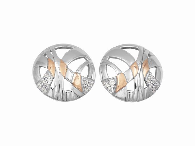 Ohrringe Ohrstecker fantasievoll aus Sterling Silber, rhodiniert und roségold vergoldet, mit Zirkonia von Juwelier Harnisch, elegante runde Form mit geschwungenen Linien und funkelnden Akzenten.