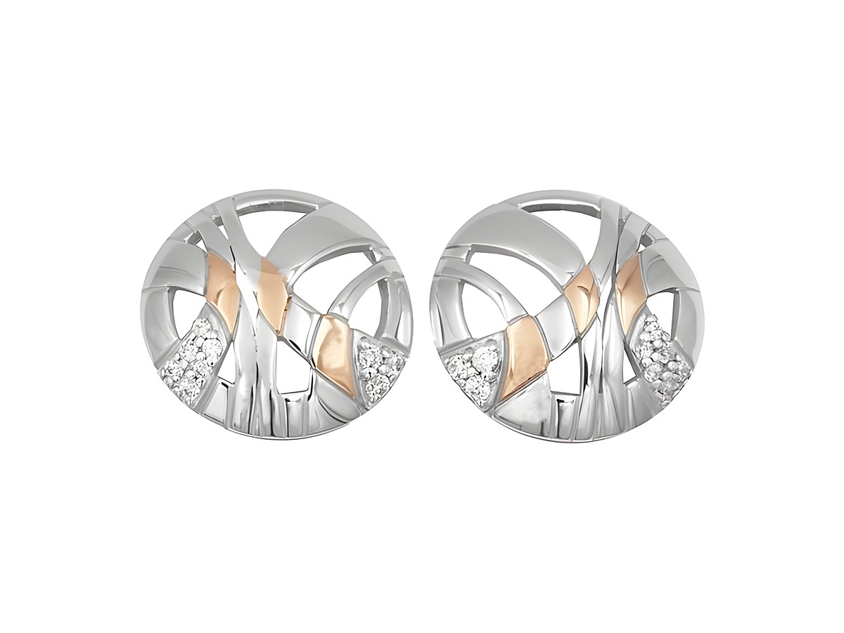 Ohrringe Ohrstecker fantasievoll aus Sterling Silber, rhodiniert und roségold vergoldet, mit Zirkonia von Juwelier Harnisch, elegante runde Form mit geschwungenen Linien und funkelnden Akzenten.