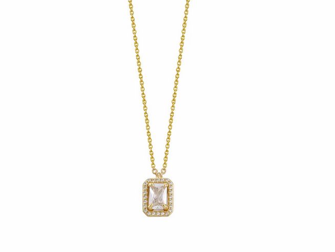 Xenox Sterling Silber Kette XS7067G in Gelbgold Vergoldung mit einem rechteckigen Anhänger, der von funkelnden Steinen umrahmt ist, Länge 40-45 cm.