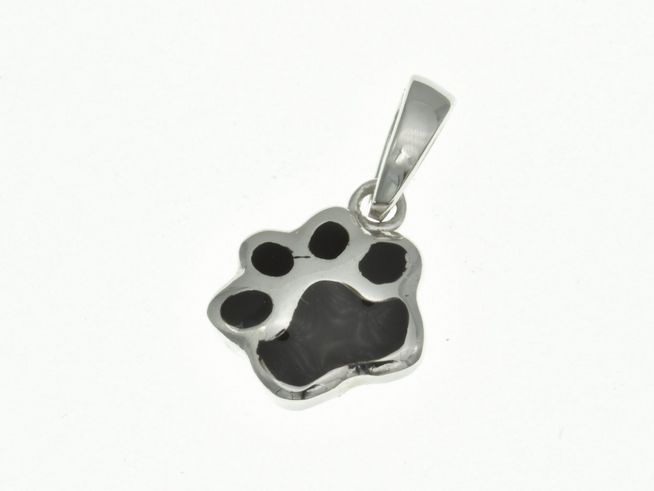 Pfotenabdruck Anhänger aus rhodiniertem Sterling Silber mit schwarzer Emaille, hergestellt von Juwelier Harnisch, ideal für Kinder und eine liebevolle Geschenkidee.